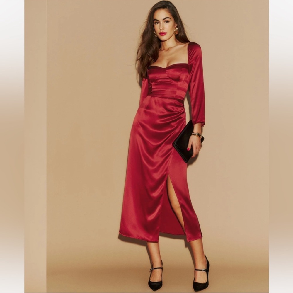 Reformation- Gloriana Silk Dress Sangre Red Midi Sweetheart Neckline Size 12